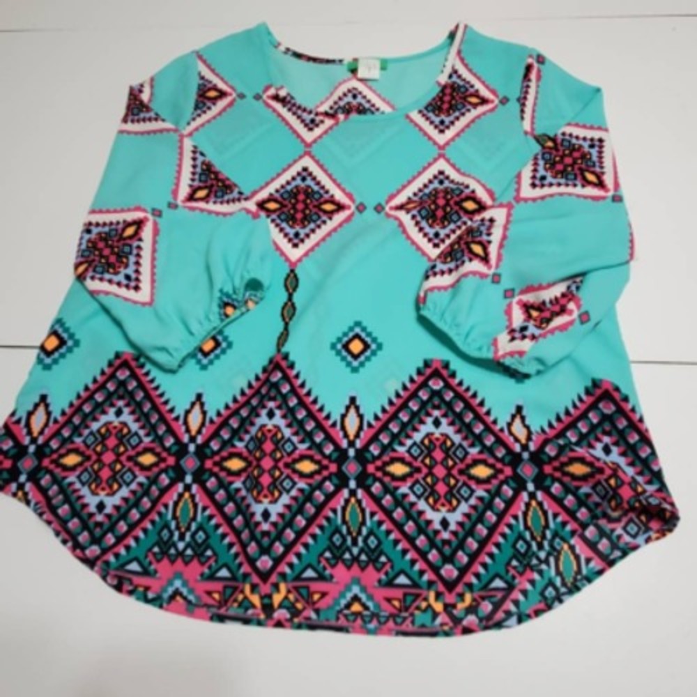April Womens Blouse Blue Black Geometric Aztec 3/4 Bishop Sleeve Scoop Neck L